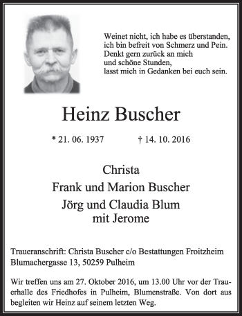 Anzeige von Heinz Buscher von  Sonntags-Post 