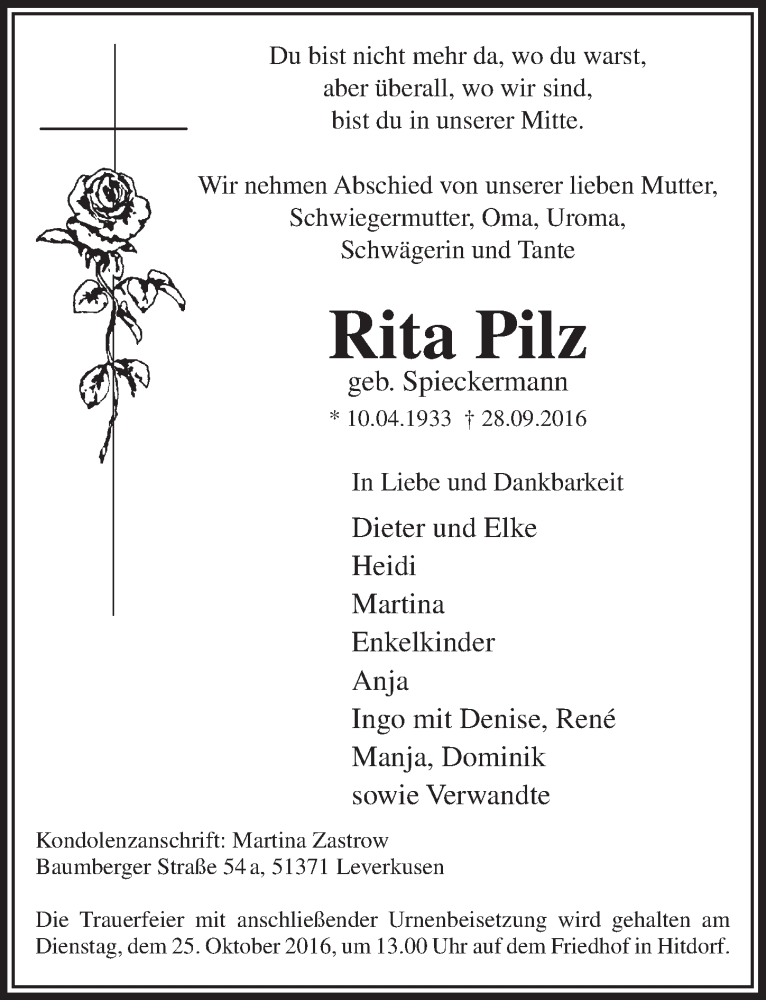  Traueranzeige für Rita Pilz vom 19.10.2016 aus  Lokale Informationen 