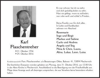Anzeige von Karl Flaschentreher von  Blickpunkt Euskirchen 