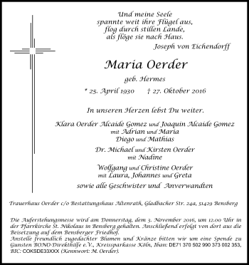 Anzeige von Maria Oerder von Kölner Stadt-Anzeiger / Kölnische Rundschau / Express