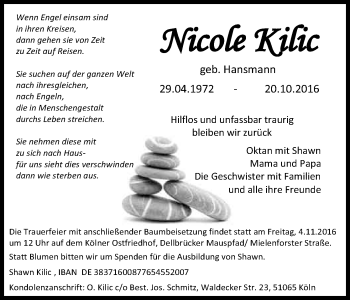Anzeige von Nicole Kilic von Kölner Stadt-Anzeiger / Kölnische Rundschau / Express