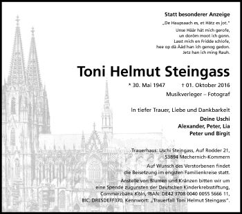Anzeige von Toni Helmut Steingass von Kölner Stadt-Anzeiger / Kölnische Rundschau / Express