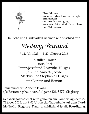 Anzeige von Hedwig Burauel von Kölner Stadt-Anzeiger / Kölnische Rundschau / Express