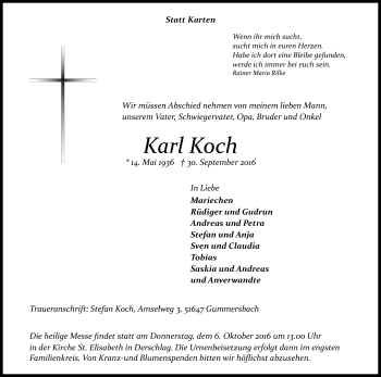 Anzeige von Karl Koch von Kölner Stadt-Anzeiger / Kölnische Rundschau / Express