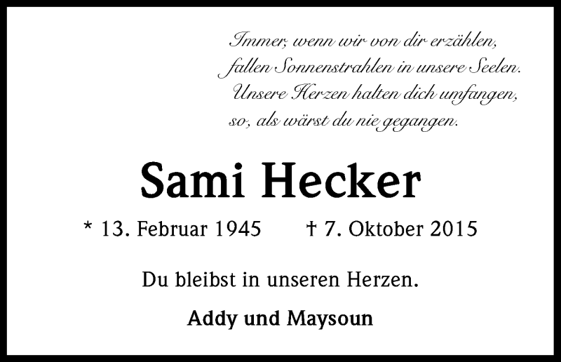  Traueranzeige für Sami Hecker vom 07.10.2016 aus Kölner Stadt-Anzeiger / Kölnische Rundschau / Express