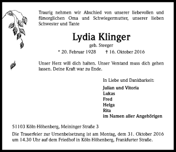 Anzeige von Lydia Klinger von Kölner Stadt-Anzeiger / Kölnische Rundschau / Express