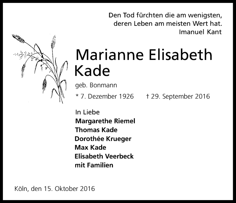  Traueranzeige für Marianne Elisabeth Kade vom 15.10.2016 aus Kölner Stadt-Anzeiger / Kölnische Rundschau / Express