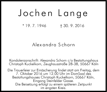 Anzeige von Jochen Lange von Kölner Stadt-Anzeiger / Kölnische Rundschau / Express