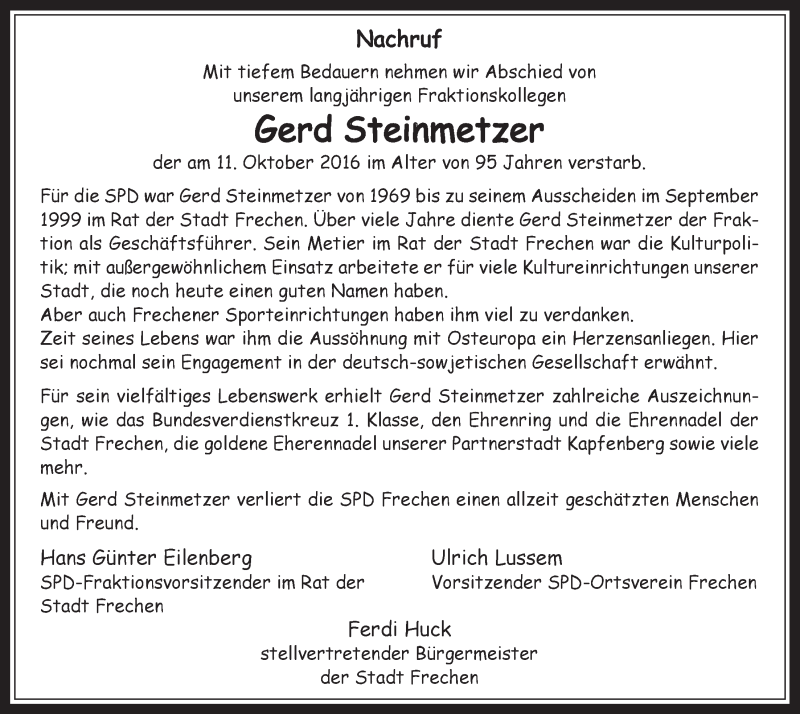  Traueranzeige für Gerd Steinmetzer vom 19.10.2016 aus  Wochenende 