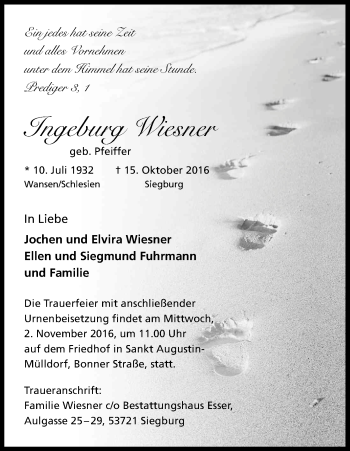 Anzeige von Ingeburg Wiesner von Kölner Stadt-Anzeiger / Kölnische Rundschau / Express