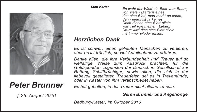  Traueranzeige für Peter Brunner vom 19.10.2016 aus  Werbepost 