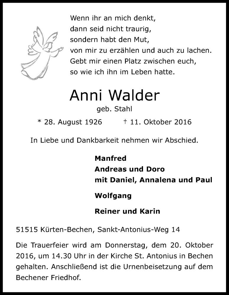  Traueranzeige für Anni Walder vom 15.10.2016 aus Kölner Stadt-Anzeiger / Kölnische Rundschau / Express