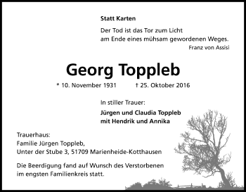 Anzeige von Georg Toppleb von Kölner Stadt-Anzeiger / Kölnische Rundschau / Express