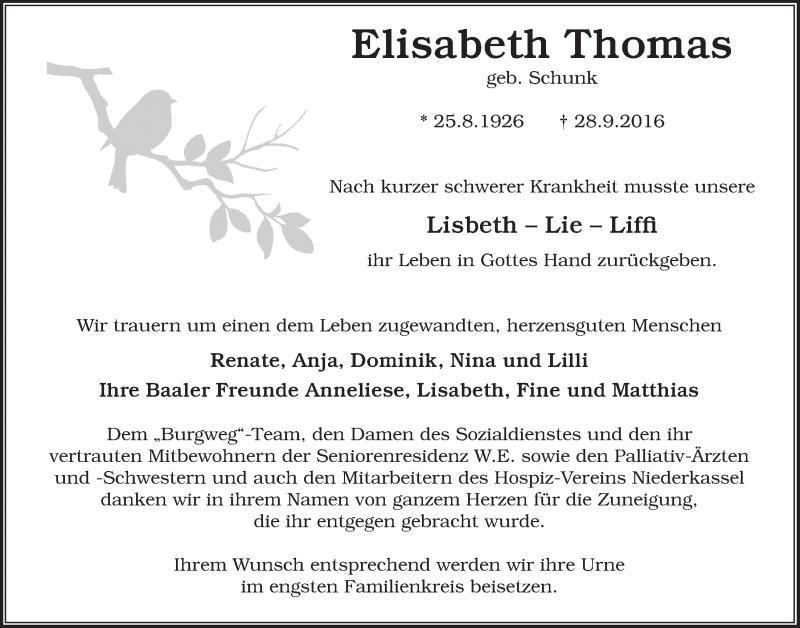  Traueranzeige für Elisabeth Thomas vom 12.10.2016 aus  Kölner Wochenspiegel  Extra Blatt 