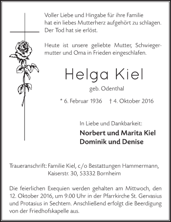 Anzeige von Helga Kiel von  Schlossbote/Werbekurier 