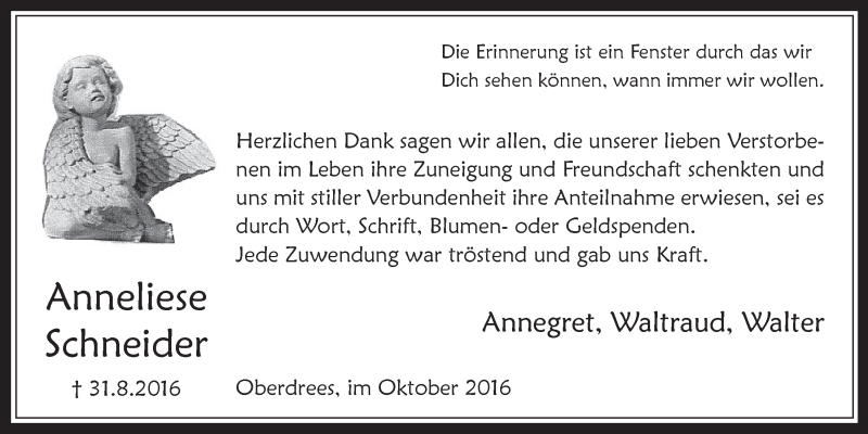  Traueranzeige für Anneliese Schneider vom 05.10.2016 aus  Schaufenster/Blickpunkt 