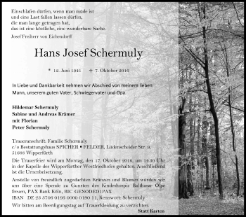 Anzeige von Hans Josef Schermuly von Kölner Stadt-Anzeiger / Kölnische Rundschau / Express