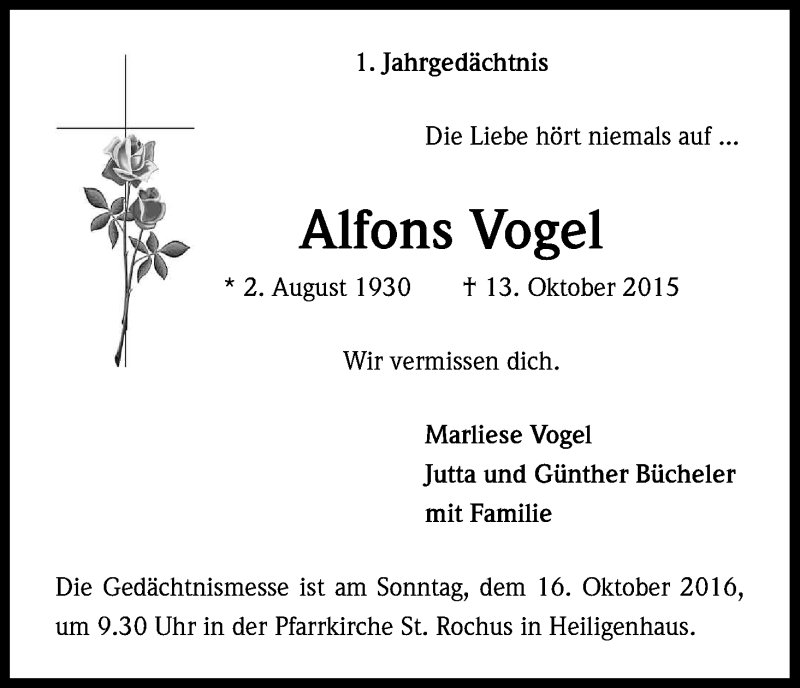  Traueranzeige für Alfons Vogel vom 08.10.2016 aus Kölner Stadt-Anzeiger / Kölnische Rundschau / Express