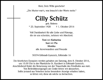 Anzeige von Cilly Schütz von Kölner Stadt-Anzeiger / Kölnische Rundschau / Express