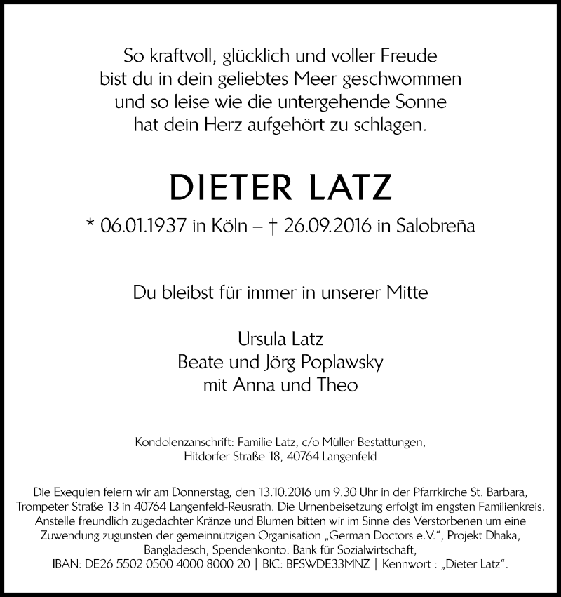 Traueranzeige für Dieter Latz vom 08.10.2016 aus Kölner Stadt-Anzeiger / Kölnische Rundschau / Express