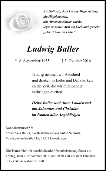 Anzeige von Ludwig Baller von Kölner Stadt-Anzeiger / Kölnische Rundschau / Express