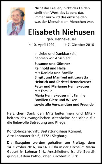Anzeige von Elisabeth Niehusen von Kölner Stadt-Anzeiger / Kölnische Rundschau / Express