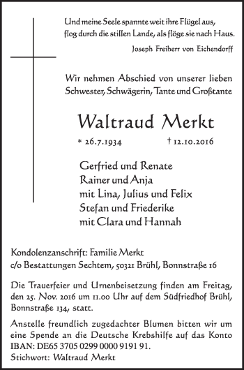 Anzeige von Waltraud Merkt von  Schlossbote/Werbekurier 
