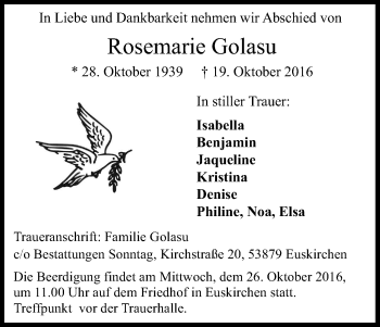 Anzeige von Rosemarie Golasu von Kölner Stadt-Anzeiger / Kölnische Rundschau / Express
