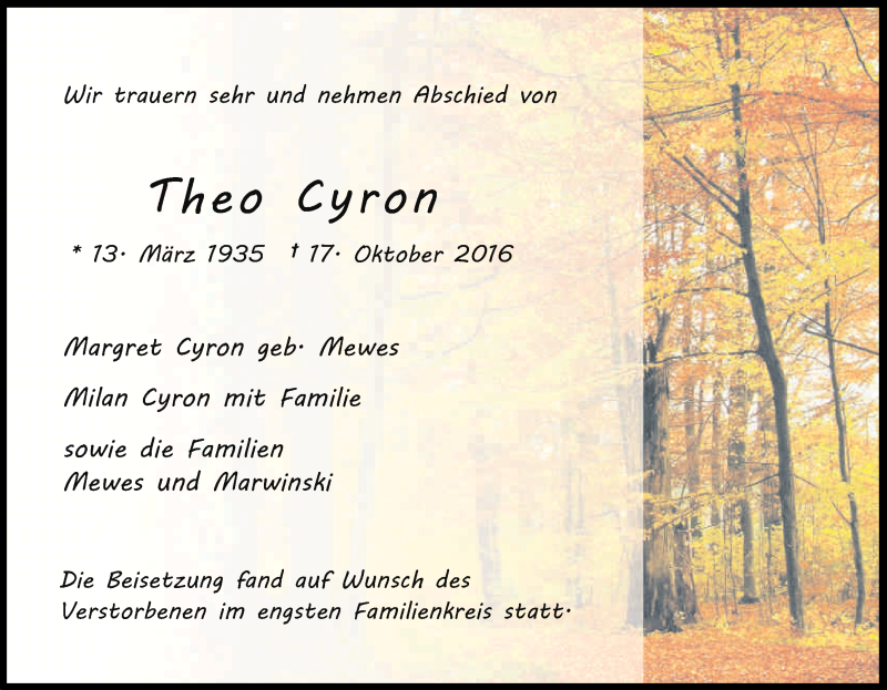  Traueranzeige für Theo Cyron vom 29.10.2016 aus Kölner Stadt-Anzeiger / Kölnische Rundschau / Express