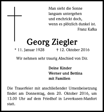 Anzeige von Georg Ziegler von Kölner Stadt-Anzeiger / Kölnische Rundschau / Express