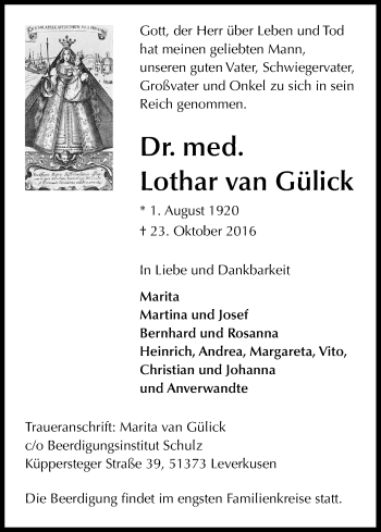 Anzeige von Lothar van Gülick von Kölner Stadt-Anzeiger / Kölnische Rundschau / Express