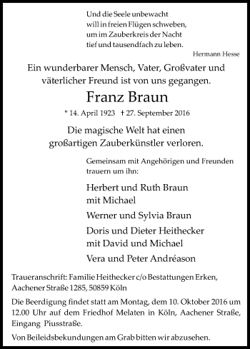 Anzeige von Franz Braun von Kölner Stadt-Anzeiger / Kölnische Rundschau / Express
