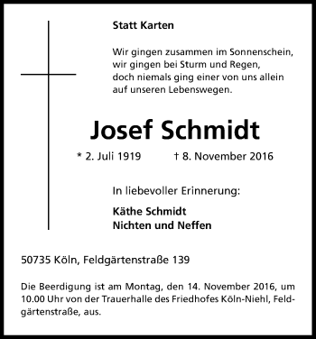 Anzeige von Josef Schmidt von Kölner Stadt-Anzeiger / Kölnische Rundschau / Express