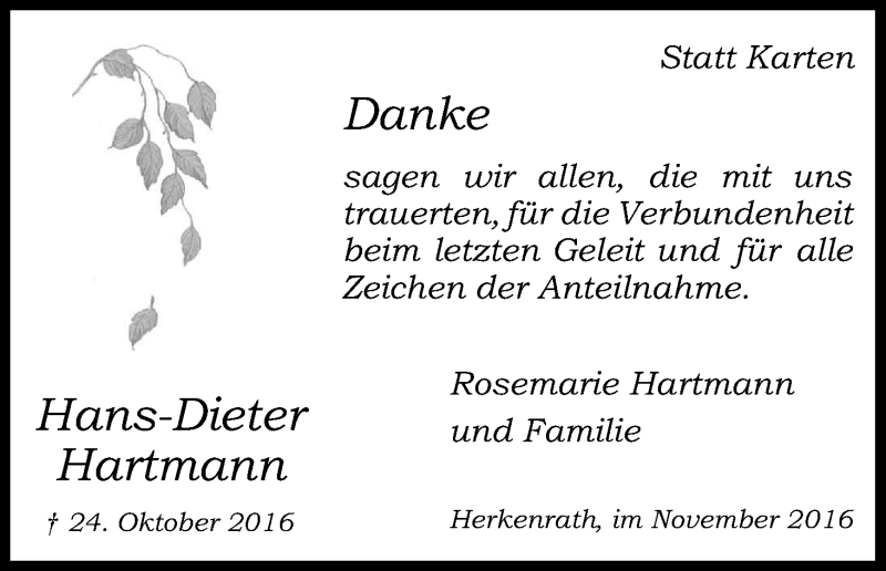  Traueranzeige für Hans-Dieter Hartmann vom 26.11.2016 aus Kölner Stadt-Anzeiger / Kölnische Rundschau / Express