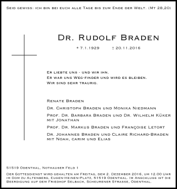 Anzeige von Rudolf Braden von Kölner Stadt-Anzeiger / Kölnische Rundschau / Express