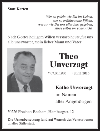 Anzeige von Theo Unverzagt von  Wochenende 