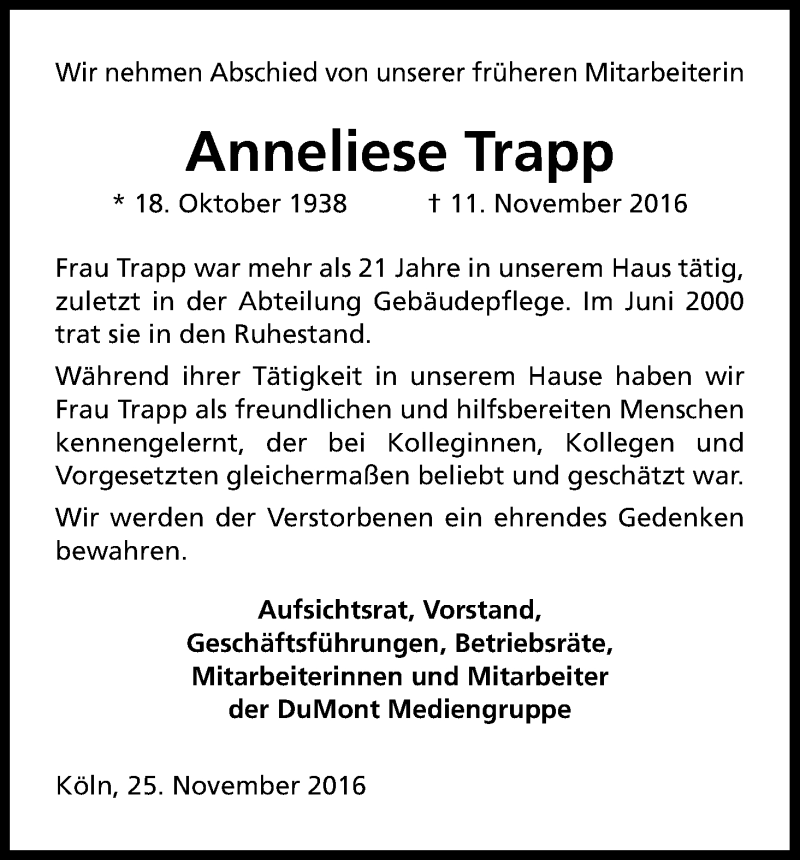  Traueranzeige für Anneliese Trapp vom 26.11.2016 aus Kölner Stadt-Anzeiger / Kölnische Rundschau / Express