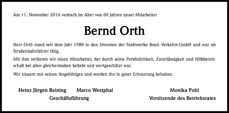  Traueranzeige für Bernd Orth vom 19.11.2016 aus Kölner Stadt-Anzeiger / Kölnische Rundschau / Express