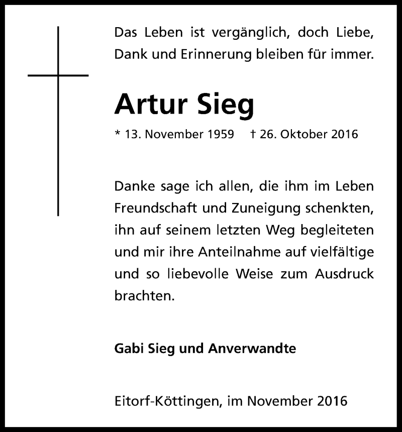  Traueranzeige für Artur Sieg vom 19.11.2016 aus Kölner Stadt-Anzeiger / Kölnische Rundschau / Express