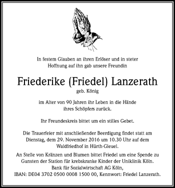 Anzeige von Friederike Lanzerath von Kölner Stadt-Anzeiger / Kölnische Rundschau / Express