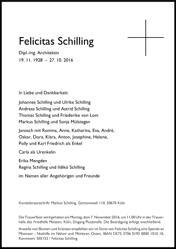 Anzeige von Felicitas Schilling von Kölner Stadt-Anzeiger / Kölnische Rundschau / Express