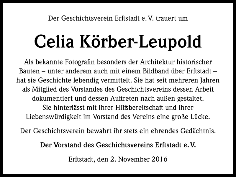  Traueranzeige für Celia Körber-Leupold vom 04.11.2016 aus Kölner Stadt-Anzeiger / Kölnische Rundschau / Express