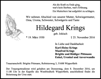 Anzeige von Hildegard Krings von Kölner Stadt-Anzeiger / Kölnische Rundschau / Express