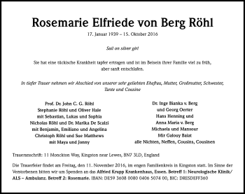 Anzeige von Rosemarie Elfriede von Berg Röhl von Kölner Stadt-Anzeiger / Kölnische Rundschau / Express