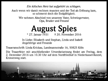 Anzeige von August Spies von Kölner Stadt-Anzeiger / Kölnische Rundschau / Express