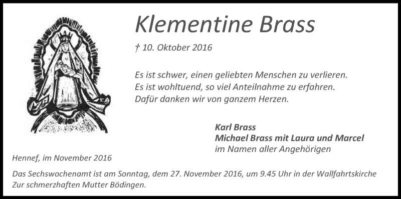  Traueranzeige für Klementine Brass vom 12.11.2016 aus Kölner Stadt-Anzeiger / Kölnische Rundschau / Express