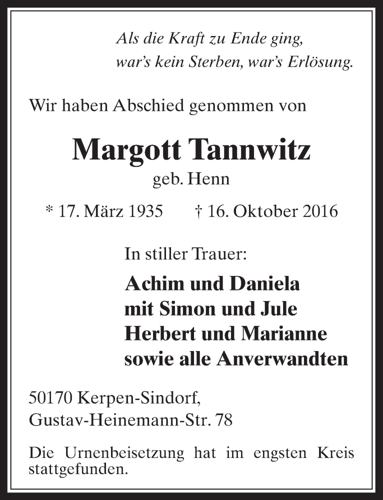  Traueranzeige für Margott Tannwitz vom 30.11.2016 aus  Werbepost 