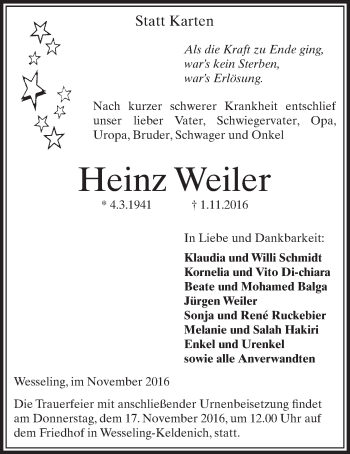 Anzeige von Heinz Weiler von  Schlossbote/Werbekurier 