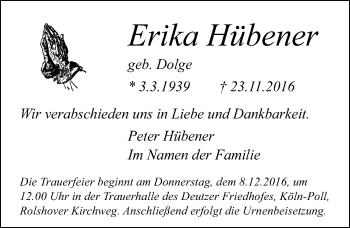 Anzeige von Erika Hübener von  Kölner Wochenspiegel 
