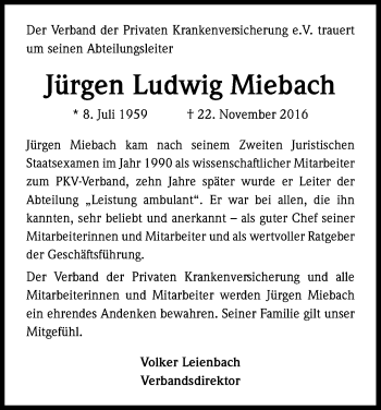 Anzeige von Jürgen Ludwig Miebach von Kölner Stadt-Anzeiger / Kölnische Rundschau / Express